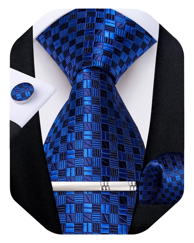 DiBanGu Plaid Ties for Men Silk Checkered Necktie and Pocket Square Cufflinks Tie Clip Set with Gift Box for Wedding Business, Royal Blue - Image 1